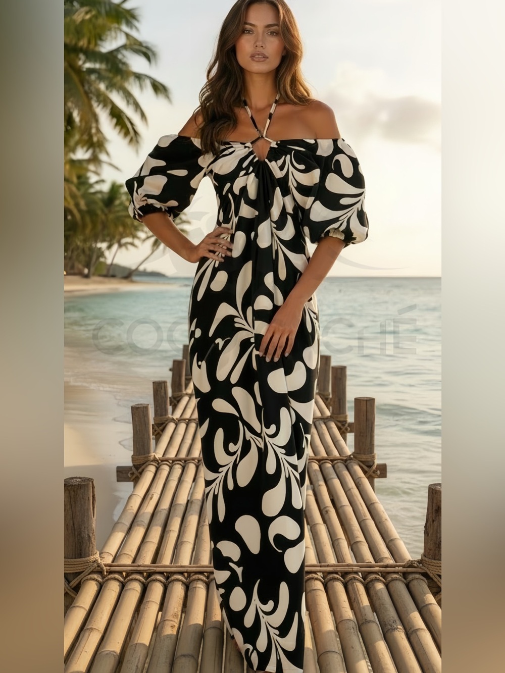 Hawaiin Loose Fit Tropical Print off Shoulder Halter Neck Maxi Vacation Dress